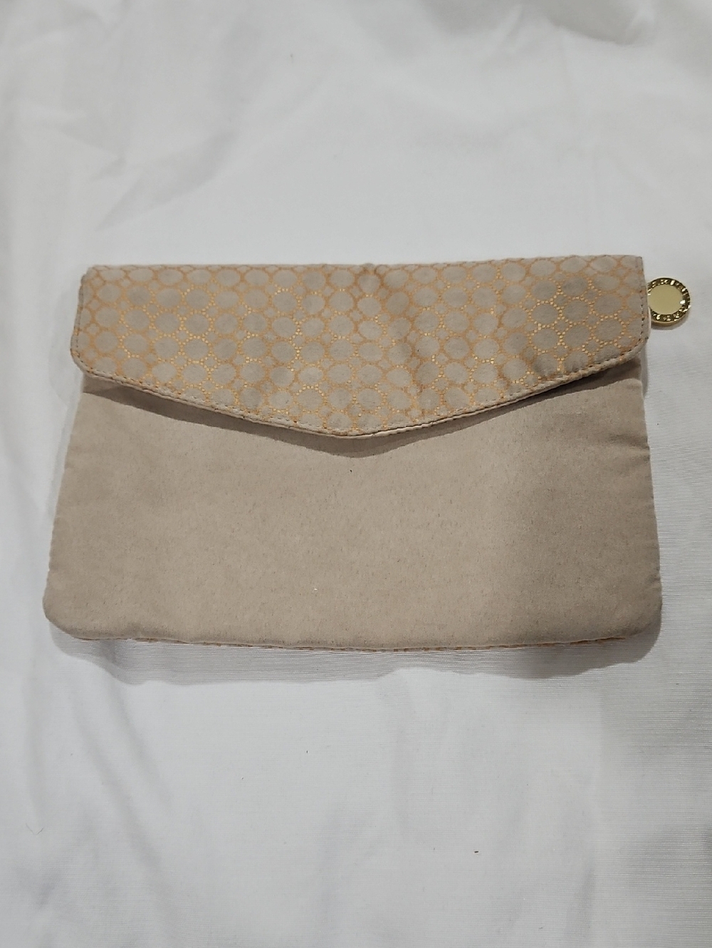 Bulgary Beige Suede Envelope Clutch with Gold Accent